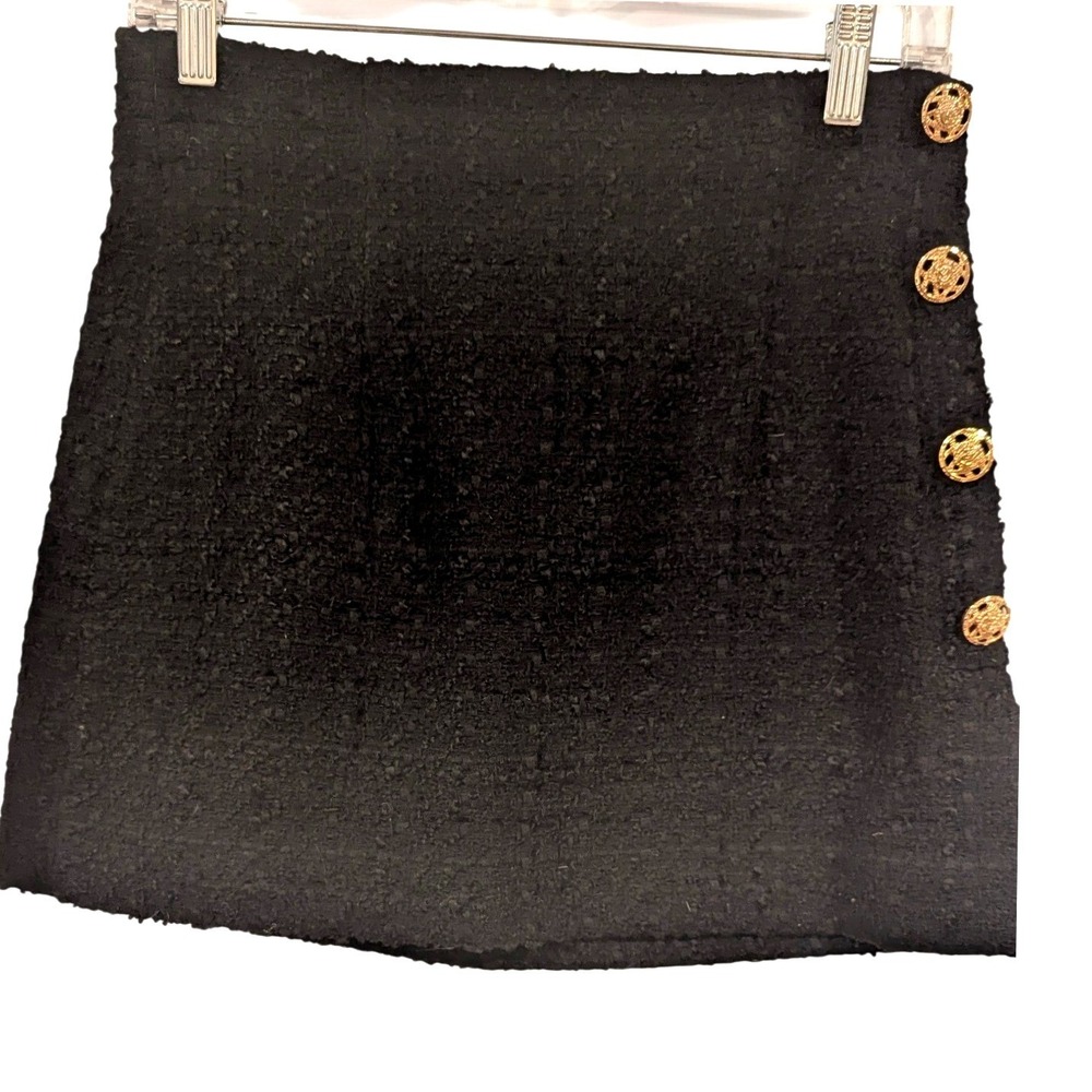 Zara Tweed Mini Skirt M Black Good Gold Buttons Preppy Old Money Chic